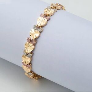 Gold Plated 18K Tri-Tone Heart Link Bracelet - Gold, Rose & Silver
